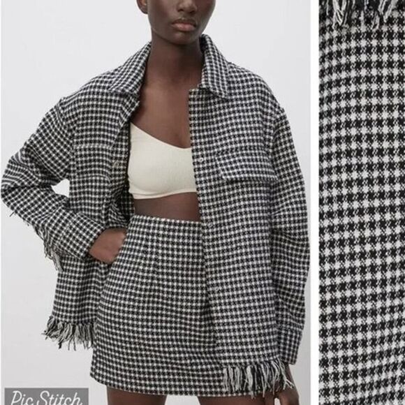 Zara Jackets & Blazers - Zara Houndstooth Fringed Overshirt Barn Jacket Oversized Tweed Shacket 4391/737